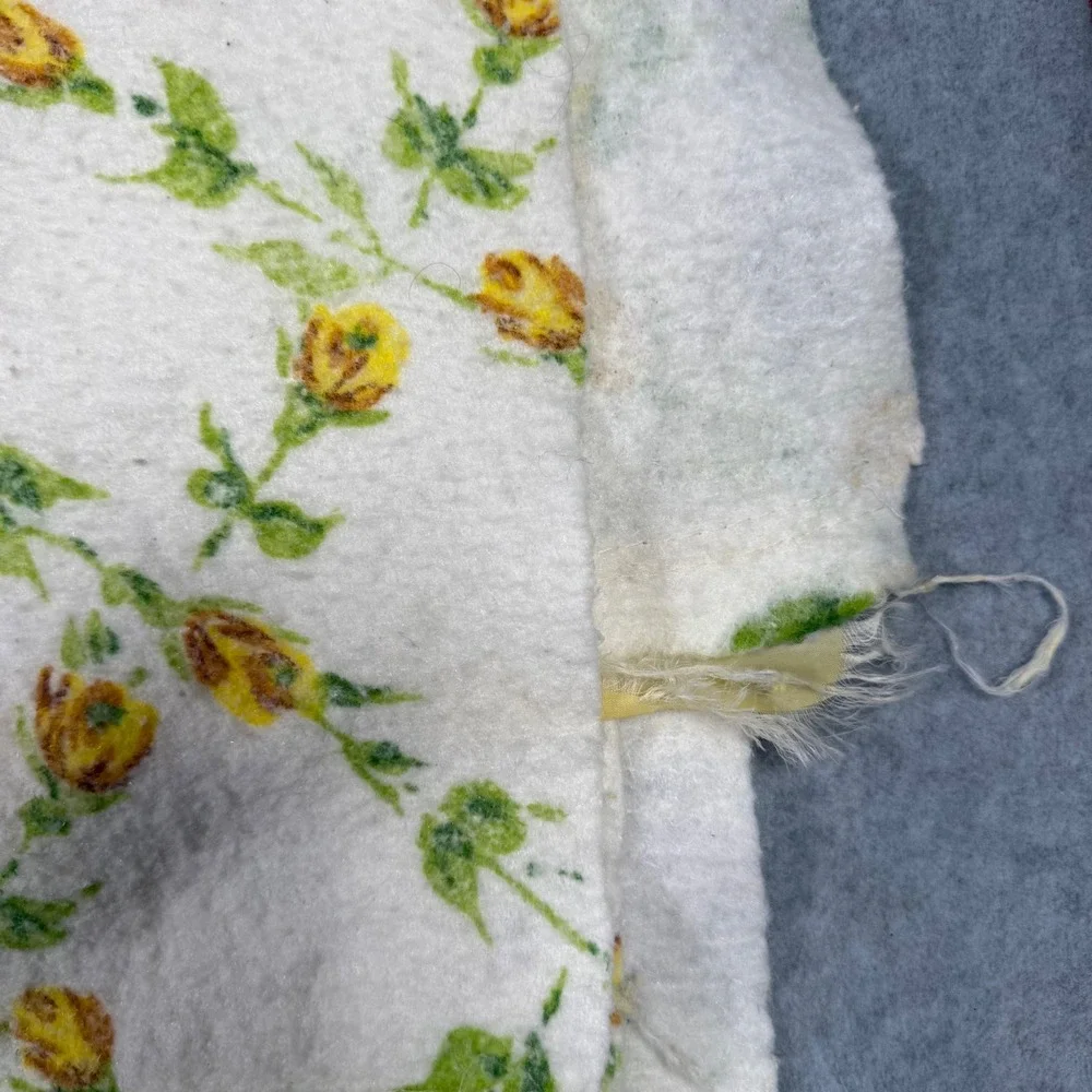 Vintage 70s Yellow Rosebud Trellis Thermal Blanket Satin Trim Floral Cottagecore